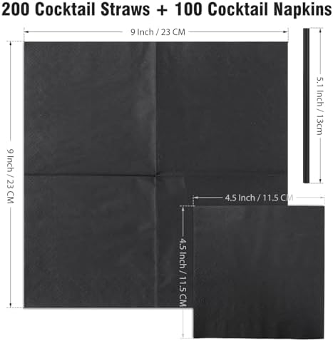 Set de 300 Popotes y Servilletas de Cóctel - Popotes de Plástico Desechables Negros de 5 Pulgadas y Servilletas de Papel de 4.5x4.5 para Bar, Fiesta - imagen 2