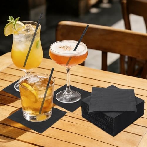 Set de 300 Popotes y Servilletas de Cóctel - Popotes de Plástico Desechables Negros de 5 Pulgadas y Servilletas de Papel de 4.5x4.5 para Bar, Fiesta - imagen 4
