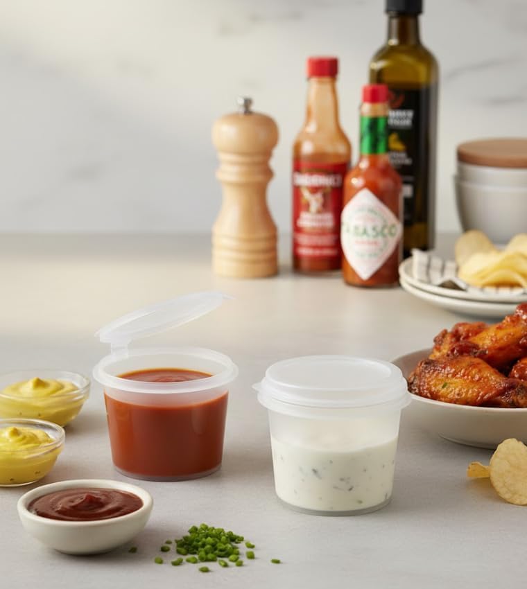 Vasos de Plástico Transparentes GSP de 1oz con Tapa Plegable – A Prueba de Fugas, Apilables y Duraderos para Preparación de Comidas, Salsas, - imagen 4