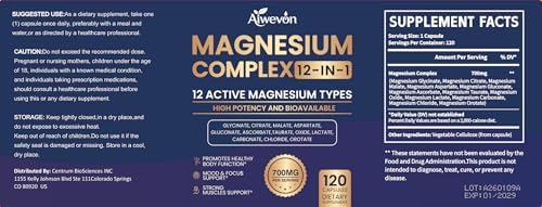 Complejo de Magnesio 700mg, Suplemento Vegano 12 en 1 con Glicinato, Citrato, Malato, Óxido, Taurato y Orotato, Alta Absorción para Sueño, Músculos, - imagen 8
