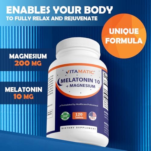 Suplemento de Melatonina Vitamatic 10 mg con Magnesio 200 mg - 120 Tabletas de Alta Potencia para Apoyo al Sueño, Sin OGM, Sin Azúcares, Sin - imagen 5