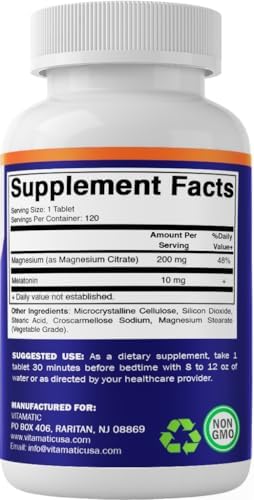 Suplemento de Melatonina Vitamatic 10 mg con Magnesio 200 mg - 120 Tabletas de Alta Potencia para Apoyo al Sueño, Sin OGM, Sin Azúcares, Sin - imagen 8