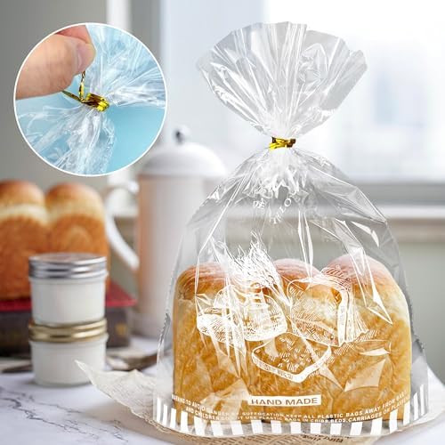90 PZS Bolsas para Pan de 11x 14 con Fondo y Cintas, Bolsas de Celo Transparentes Impresas para Empacar Pan - imagen 3