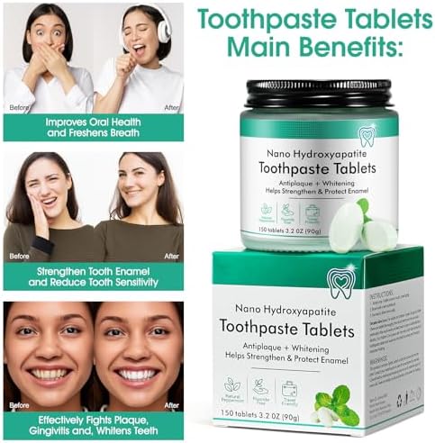 Tabletas de Pasta Dental 150pcs Masticables Blanqueadoras - Pasta de Hidroxiapatita Nano para Dientes Sensibles y Antiplaque, Menta Natural, Sin - imagen 5