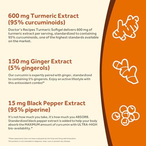 Softgels de Cúrcuma 750mg con Extracto de Jengibre y Pimienta Negra para Antioxidantes, Movilidad y Flexibilidad, 90 Cápsulas de Doctor's Recipes - imagen 4