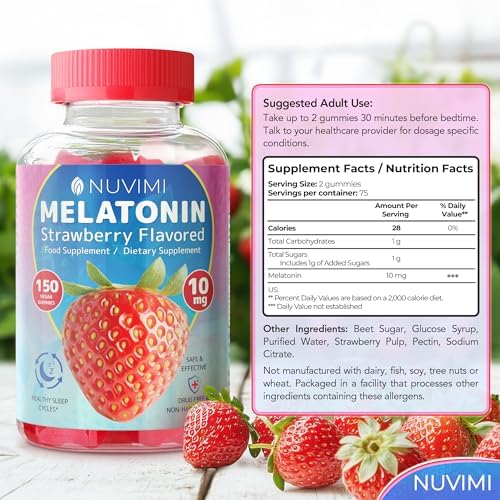 Gomitas de Melatonina NUVIMI - 10 mg Sabor Fresa, Suplemento Dietético Vegano para Apoyar el Sueño - 150 Gomitas - imagen 5