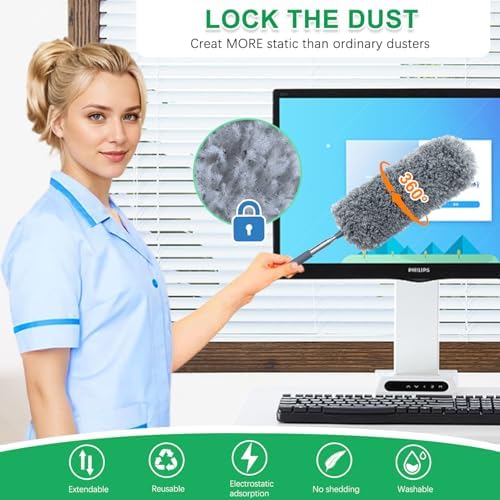 Paquete de 2 Plumones de Microfibra para Limpiar, Plumones Pequeños con Cabezal de Microfibra, Mango Extensible, Lavables a Mano, Suministros de - imagen 3