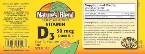 Vitaminas D3 de Nature's Blend 50 MCG (2000 IU) Fáciles de Tragar, 100 CÁPSULAS BLANDAS - imagen 2