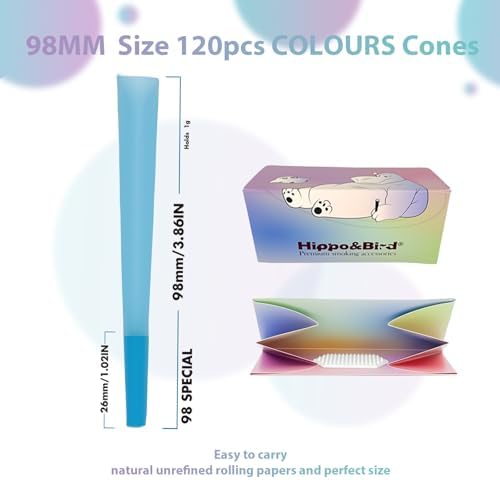 Conos Pre Enrollados Hippo&Bird - Paquete de 120 Conos de 98MM, Papel de Fumar de Quema Lenta y Uniforme con Molinillo 2 en 1 y Bandeja Plegable, - imagen 2