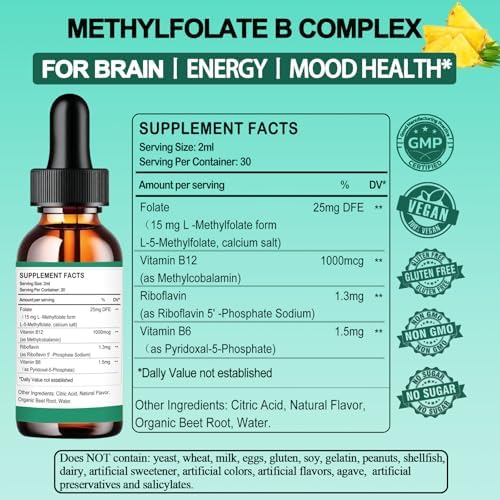 Suplemento Líquido de Metilfolato, L Metilfolato 15mg con Metil B12, B6 y B2, Multivitamínico Activo para Ánimo, Mente, Energía y Salud Nerviosa* - imagen 7