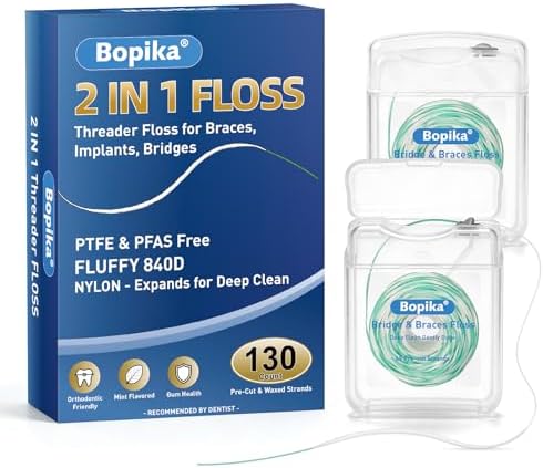 Bopika Hilo Dental 2 en 1 con Threader para Frenos, Puentes y Espacios Amplios, Sabor Menta Suave, 130 Secciones (2 Paquetes de 65) - imagen 1