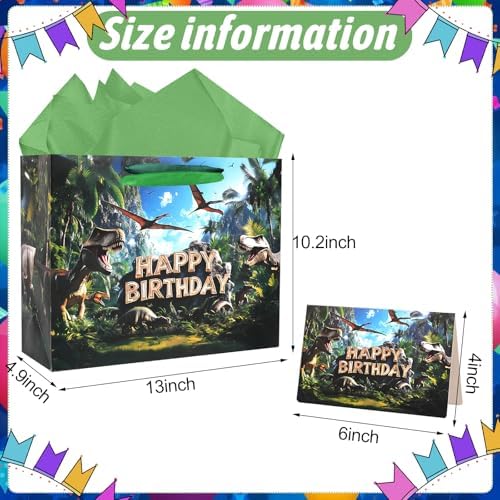 Bolsa de Regalo de Cumpleaños JOCOPUERTO de Dinosaurios - Bolsa Grande de 13 con Papel de Seda y Tarjeta para Fiesta de Cumpleaños de Niños en el - imagen 2