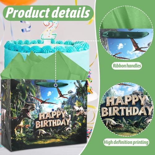 Bolsa de Regalo de Cumpleaños JOCOPUERTO de Dinosaurios - Bolsa Grande de 13 con Papel de Seda y Tarjeta para Fiesta de Cumpleaños de Niños en el - imagen 4