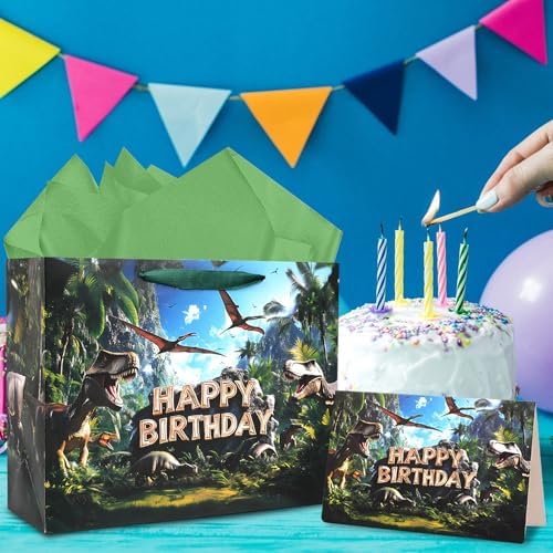 Bolsa de Regalo de Cumpleaños JOCOPUERTO de Dinosaurios - Bolsa Grande de 13 con Papel de Seda y Tarjeta para Fiesta de Cumpleaños de Niños en el - imagen 5