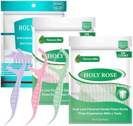 Palillos de Hilo Dental Holy Rose 300 Piezas, Hilo Doble Sabor Menta, Bolsa de 100 Piezas, Set de 3 Colores Ideal para Limpieza Dental - imagen 1