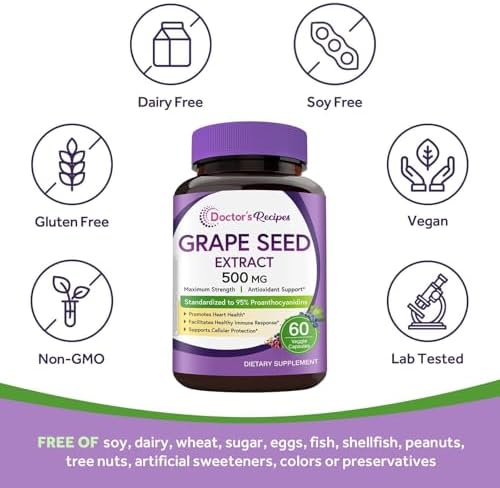 Extracto de Semilla de Uva Doctor's Recipes, 500 mg, Estándar 95% Proantocianidinas, No GMO, Antioxidante, Salud del Corazón, Inmunidad y Piel, 60 - imagen 5
