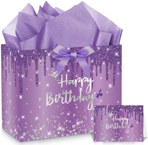 Set de Bolsas de Regalo SolarGlory Moradas con Tarjeta de Felicitación y Papel de Seda Lavanda para Cumpleaños de Mujeres, Novias e Hijas, - imagen 1