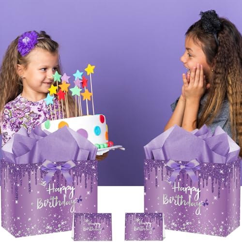 Set de Bolsas de Regalo SolarGlory Moradas con Tarjeta de Felicitación y Papel de Seda Lavanda para Cumpleaños de Mujeres, Novias e Hijas, - imagen 3