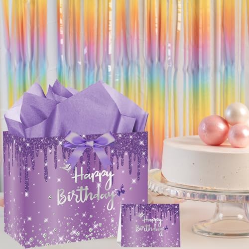 Set de Bolsas de Regalo SolarGlory Moradas con Tarjeta de Felicitación y Papel de Seda Lavanda para Cumpleaños de Mujeres, Novias e Hijas, - imagen 4