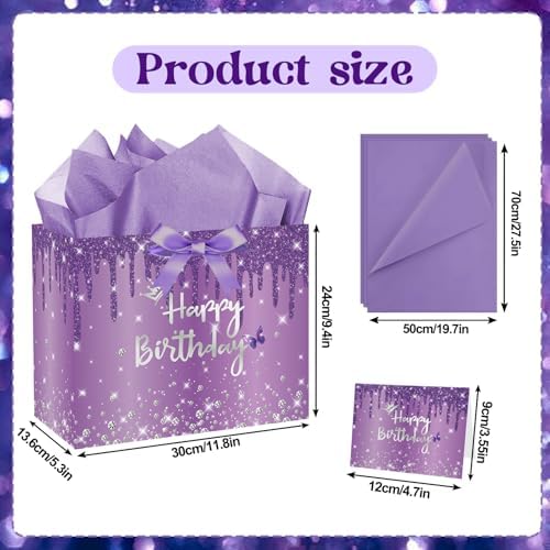 Set de Bolsas de Regalo SolarGlory Moradas con Tarjeta de Felicitación y Papel de Seda Lavanda para Cumpleaños de Mujeres, Novias e Hijas, - imagen 6