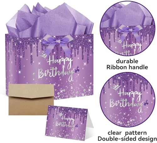 Set de Bolsas de Regalo SolarGlory Moradas con Tarjeta de Felicitación y Papel de Seda Lavanda para Cumpleaños de Mujeres, Novias e Hijas, - imagen 7