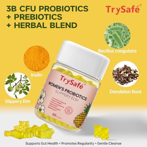 Gomitas Probióticas TrySafe para Mujeres, Sabor Piña - 3B CFU Bacillus Coagulans con Inulina, Raíz de Diente de León y Olmo Resbaladizo - 60 Gomitas - imagen 3
