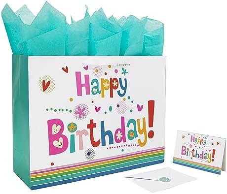 Set de Bolsas de Regalo Qirrmiy de 16.5” Extra Grande con Tarjeta de Felicitación y Papel de Seda Verde ('Feliz Cumpleaños') para Fiestas de - imagen 1
