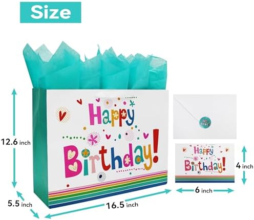 Set de Bolsas de Regalo Qirrmiy de 16.5” Extra Grande con Tarjeta de Felicitación y Papel de Seda Verde ('Feliz Cumpleaños') para Fiestas de - imagen 2
