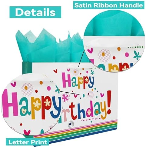 Set de Bolsas de Regalo Qirrmiy de 16.5” Extra Grande con Tarjeta de Felicitación y Papel de Seda Verde ('Feliz Cumpleaños') para Fiestas de - imagen 4