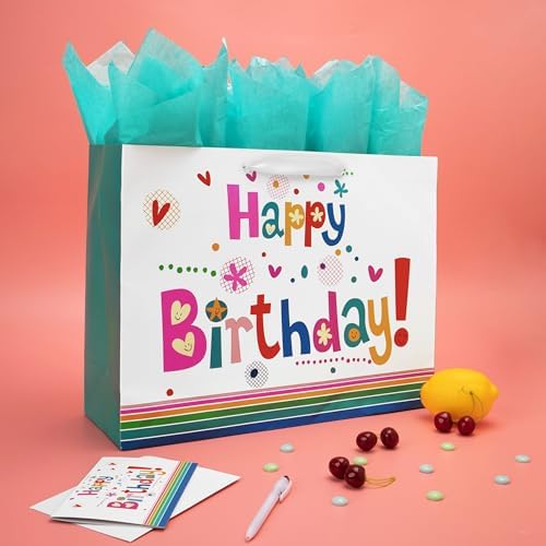 Set de Bolsas de Regalo Qirrmiy de 16.5” Extra Grande con Tarjeta de Felicitación y Papel de Seda Verde ('Feliz Cumpleaños') para Fiestas de - imagen 5