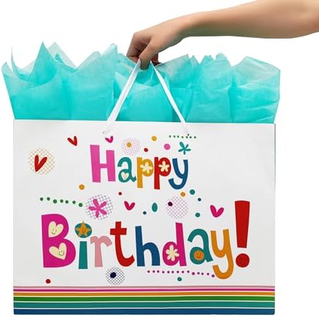 Set de Bolsas de Regalo Qirrmiy de 16.5” Extra Grande con Tarjeta de Felicitación y Papel de Seda Verde ('Feliz Cumpleaños') para Fiestas de - imagen 6