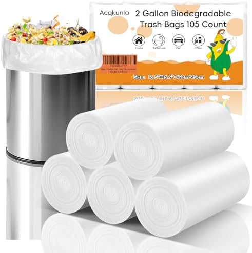 Bolsas de Basura Biodegradables de 2 Galones Blancas - Mini Bolsas para Baño, Cocina, Oficina y Auto, 105 Piezas, 7.5L, Compostables y Resistentes - imagen 1