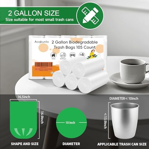 Bolsas de Basura Biodegradables de 2 Galones Blancas - Mini Bolsas para Baño, Cocina, Oficina y Auto, 105 Piezas, 7.5L, Compostables y Resistentes - imagen 3