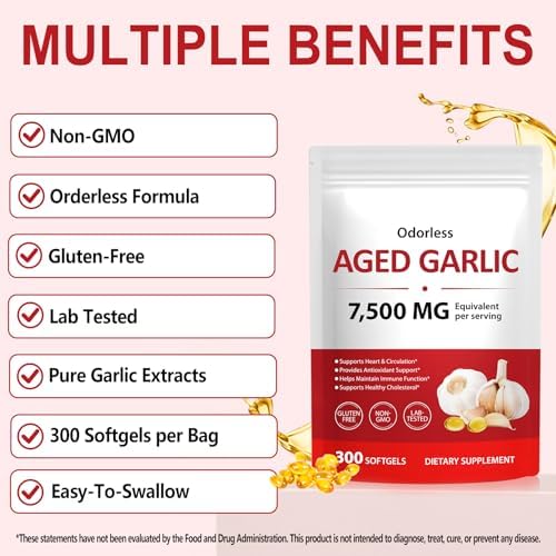 Extracto de Ajo Aged Sin Olor YIEEGCM, 300 Softgels – Suplemento de Ajo para la Salud del Corazón, Inmunidad y Antioxidantes – No GMO, Sin Gluten, - imagen 3