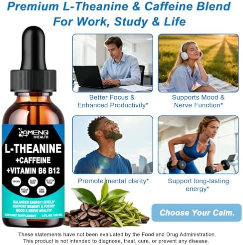 Suplemento de L Teanina y Cafeína en Gotas Orgánicas para Hombres y Mujeres | Energía Enfocada con 200mg de L-Teanina y 50mg de Cafeína Natural + - imagen 3