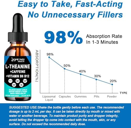 Suplemento de L Teanina y Cafeína en Gotas Orgánicas para Hombres y Mujeres | Energía Enfocada con 200mg de L-Teanina y 50mg de Cafeína Natural + - imagen 5