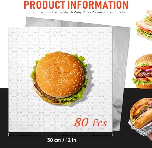 80 Piezas de Papel de Aluminio Aislante para Envolver Sandwiches, 12x12, Ideal para Hamburguesas, Hot Dogs y Burritos - imagen 2