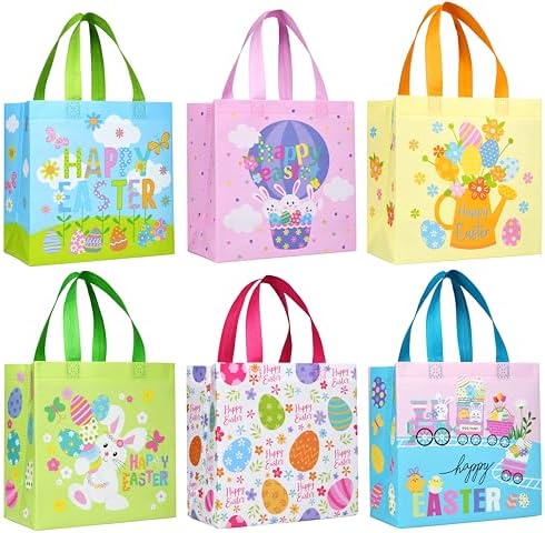 Bolsas de Regalo de Pascua SUNCOLOR, Paquete de 6 Bolsas Tote de Tela No Tejida con Diseño de Conejo, 9x9x4.7 Pulgadas, Reutilizables para Juegos de - imagen 1