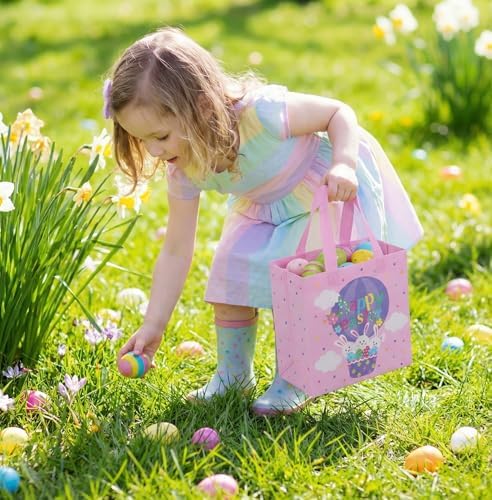 Bolsas de Regalo de Pascua SUNCOLOR, Paquete de 6 Bolsas Tote de Tela No Tejida con Diseño de Conejo, 9x9x4.7 Pulgadas, Reutilizables para Juegos de - imagen 4