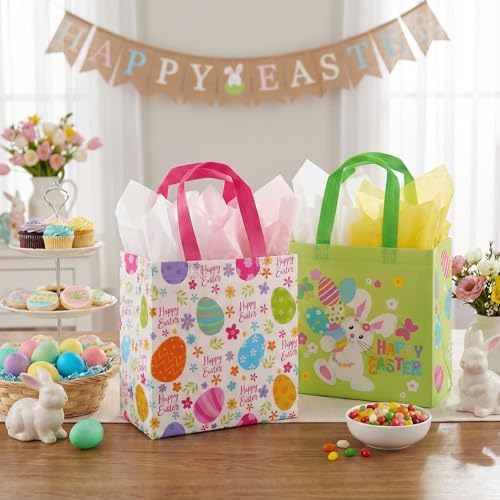 Bolsas de Regalo de Pascua SUNCOLOR, Paquete de 6 Bolsas Tote de Tela No Tejida con Diseño de Conejo, 9x9x4.7 Pulgadas, Reutilizables para Juegos de - imagen 6