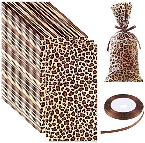 100 Piezas de Bolsas de Regalo con Estampado de Leopardo para Fiestas de Cumpleaños, Decoración de Zoológico y Suministros con Listón de Tela Marrón - imagen 1