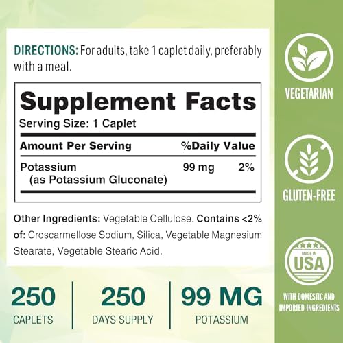 Vitamin World Potasio 99 mg - 250 Tabletas Vegetarianas, Suplemento de Gluconato de Potasio para Soporte de Electrolitos, Músculos, Nervios y - imagen 2