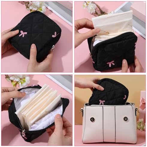 Bolsa Portátil para el Periodo de Niñas, Lindo Estuche con Lazo para Toallas Sanitarias y Tampones, Regalo Ideal para Niñas (Negro) - imagen 4