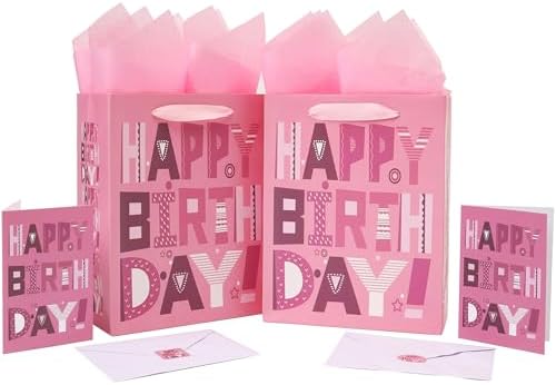 Set de 2 Bolsas de Regalo de Cumpleaños Rosa Medianas de 10.6'' con Tarjetas y Papel de Seda para Mujeres, Niñas y Adolescentes, Diseño de Caricatura - imagen 1