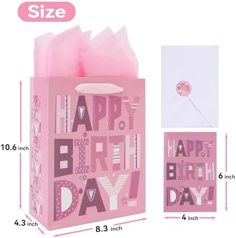 Set de 2 Bolsas de Regalo de Cumpleaños Rosa Medianas de 10.6'' con Tarjetas y Papel de Seda para Mujeres, Niñas y Adolescentes, Diseño de Caricatura - imagen 2