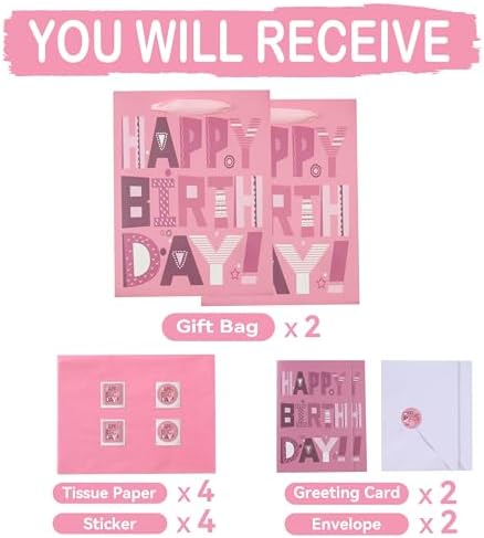 Set de 2 Bolsas de Regalo de Cumpleaños Rosa Medianas de 10.6'' con Tarjetas y Papel de Seda para Mujeres, Niñas y Adolescentes, Diseño de Caricatura - imagen 3