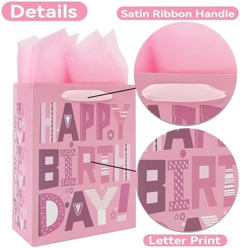 Set de 2 Bolsas de Regalo de Cumpleaños Rosa Medianas de 10.6'' con Tarjetas y Papel de Seda para Mujeres, Niñas y Adolescentes, Diseño de Caricatura - imagen 4