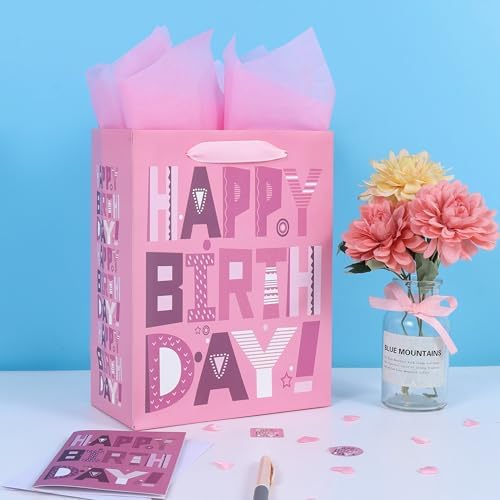Set de 2 Bolsas de Regalo de Cumpleaños Rosa Medianas de 10.6'' con Tarjetas y Papel de Seda para Mujeres, Niñas y Adolescentes, Diseño de Caricatura - imagen 5