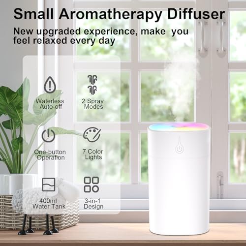 Difusor Pequeño de 400ml - Difusor de Aceites Esenciales Portátil para Escritorio, Mini Humidificador Aromaterapia con 2 Modos de Rocío y Apagado - imagen 3
