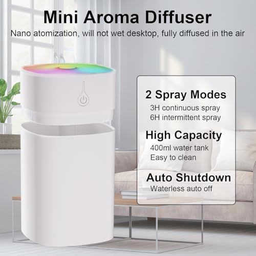 Difusor Pequeño de 400ml - Difusor de Aceites Esenciales Portátil para Escritorio, Mini Humidificador Aromaterapia con 2 Modos de Rocío y Apagado - imagen 5